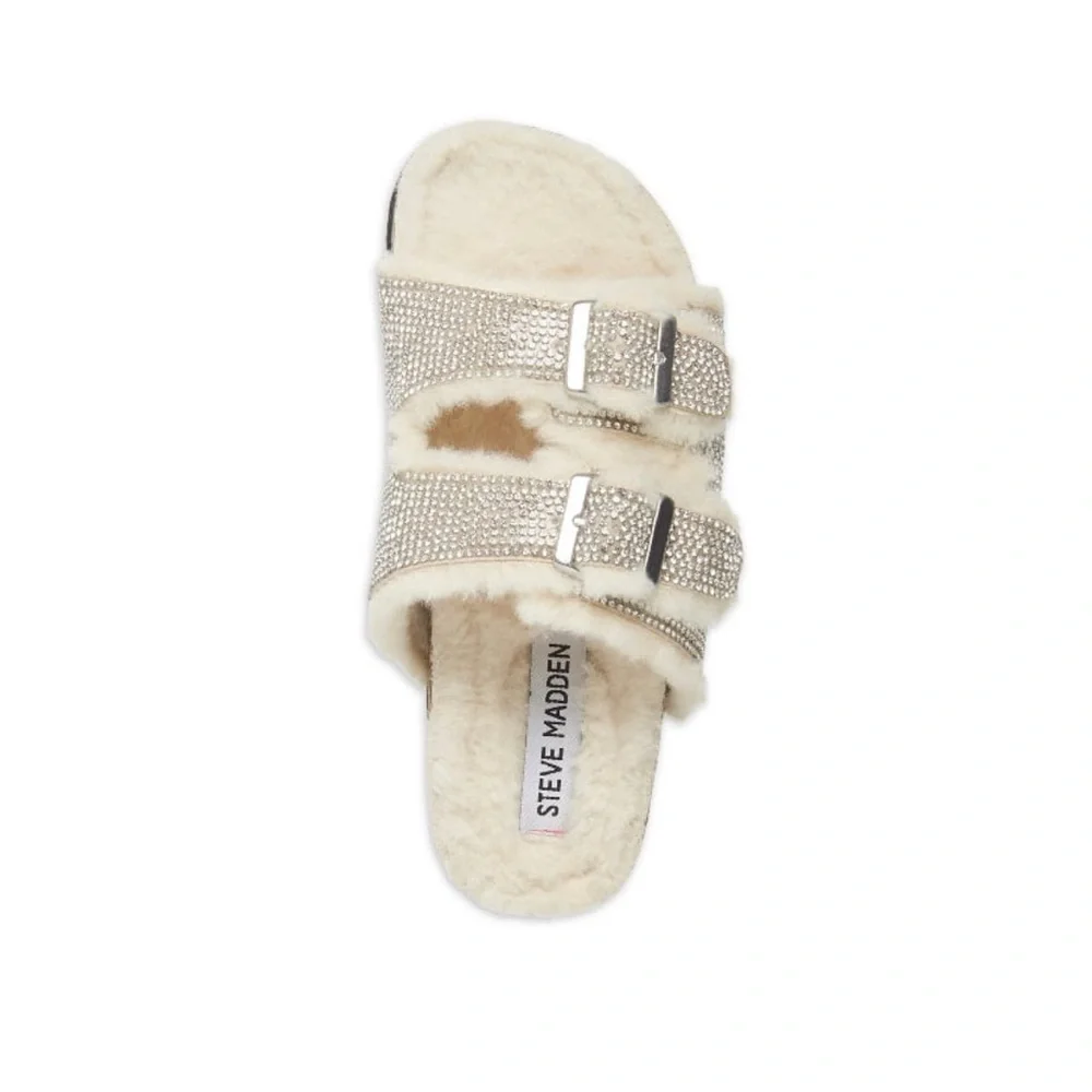 Steve Madden Jleena Rhinestone Faux Fur Double Strap Slip On Slide Girls 3 5W - Picture 2 of 8